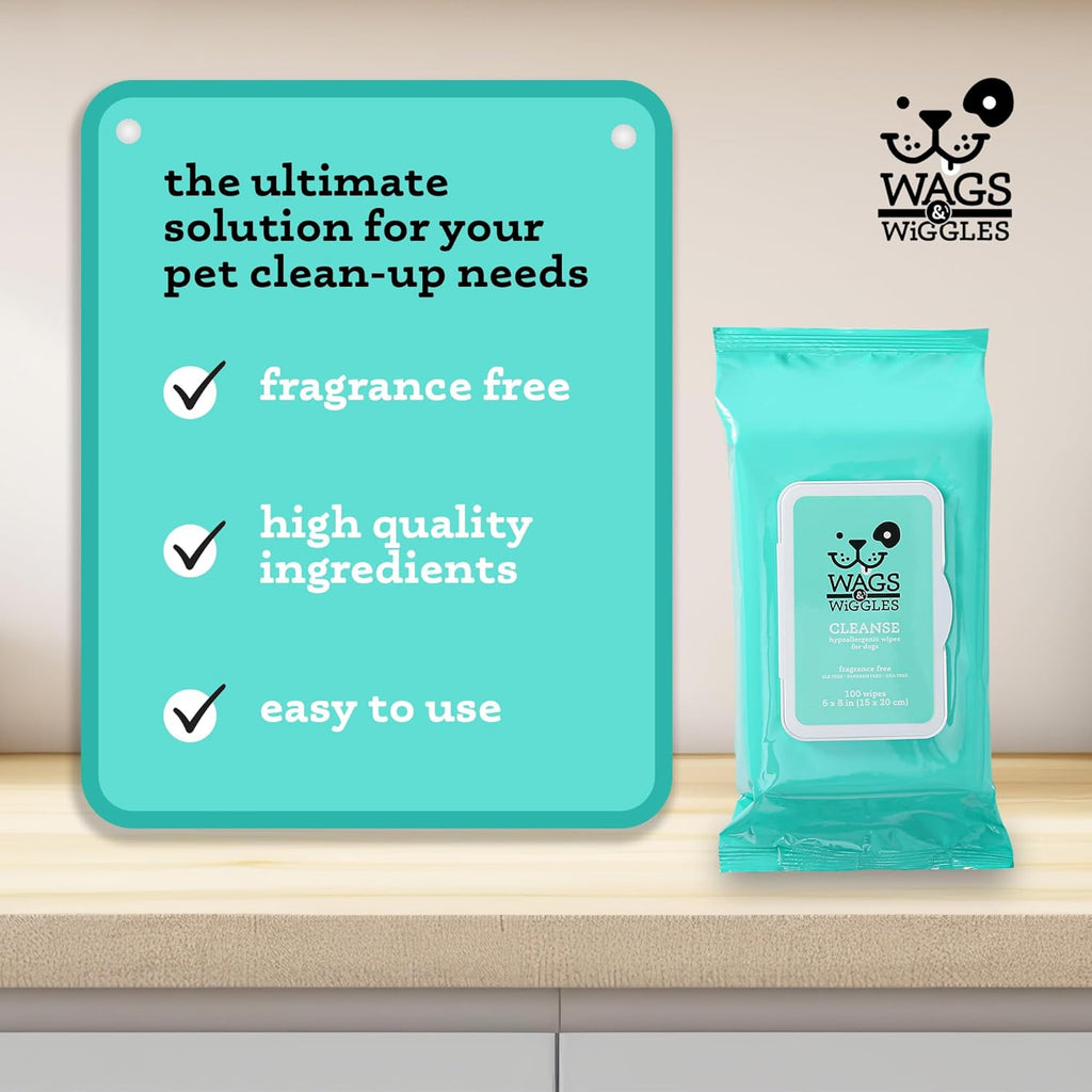 Wags & Wiggles Hypoallergenic Dog Wipes, Fragrance-Free, 100 Count