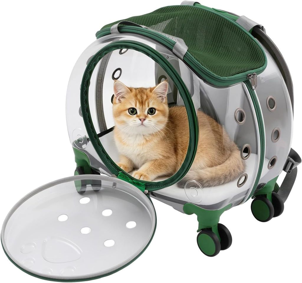 Portable Clear Cat Carrier, Pet Trolley Case with Silent Wheels, Green