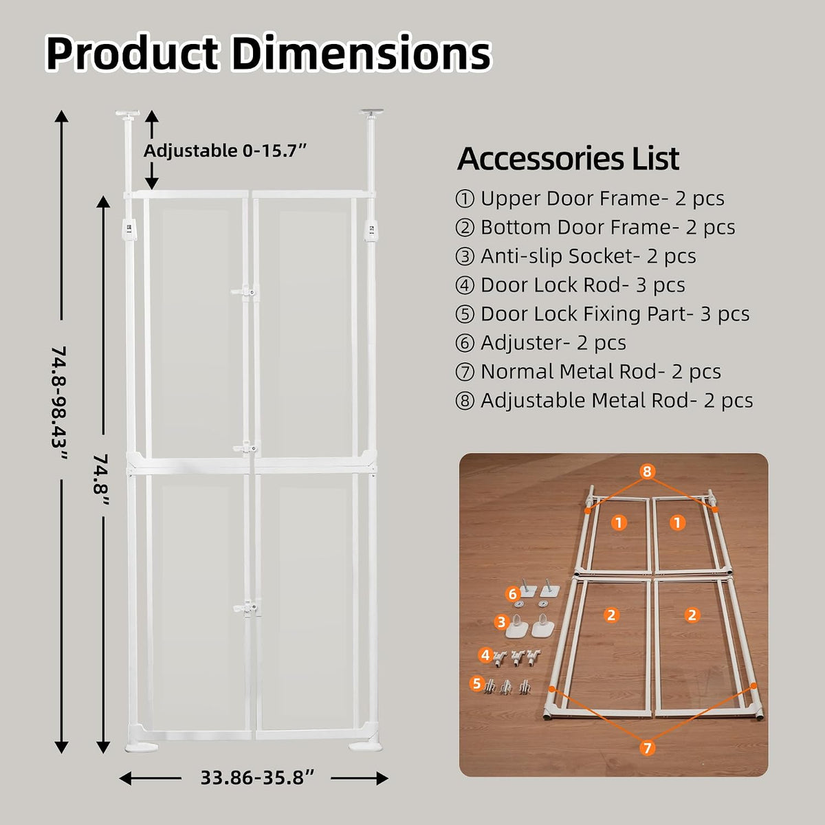 74.8-98.43” Extra Tall Cat Gate, 33.86-35.8” Wide Acrylic Pet Gate