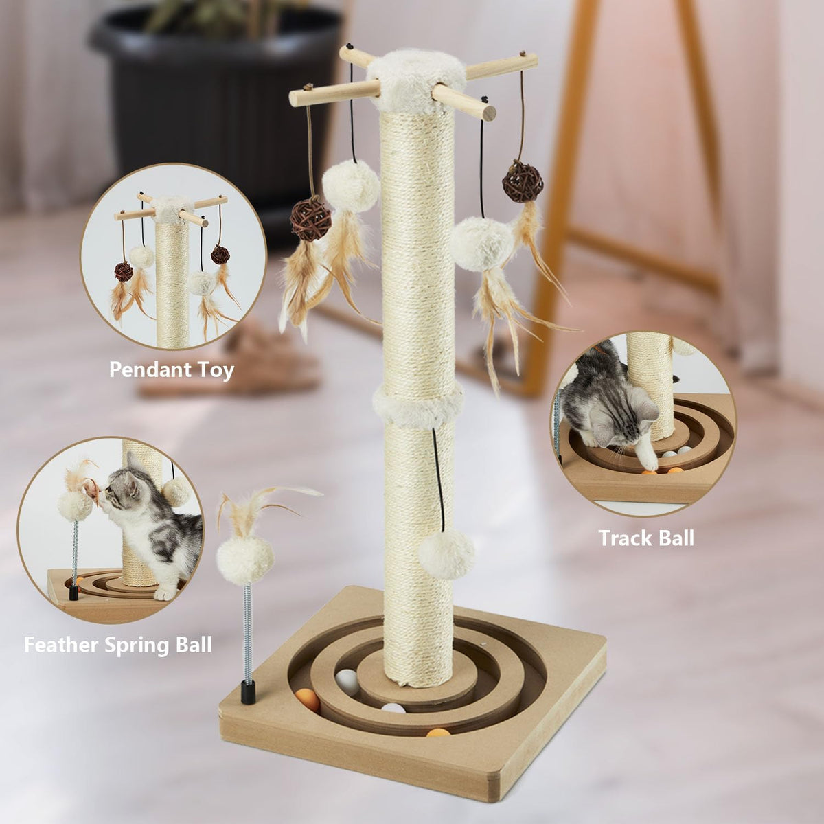 PEEKAB Cat Scratching Post Sisal Scratch Posts for Indoor Cats and Kittens,with Tracking Ball Interactive Toys and Hangi