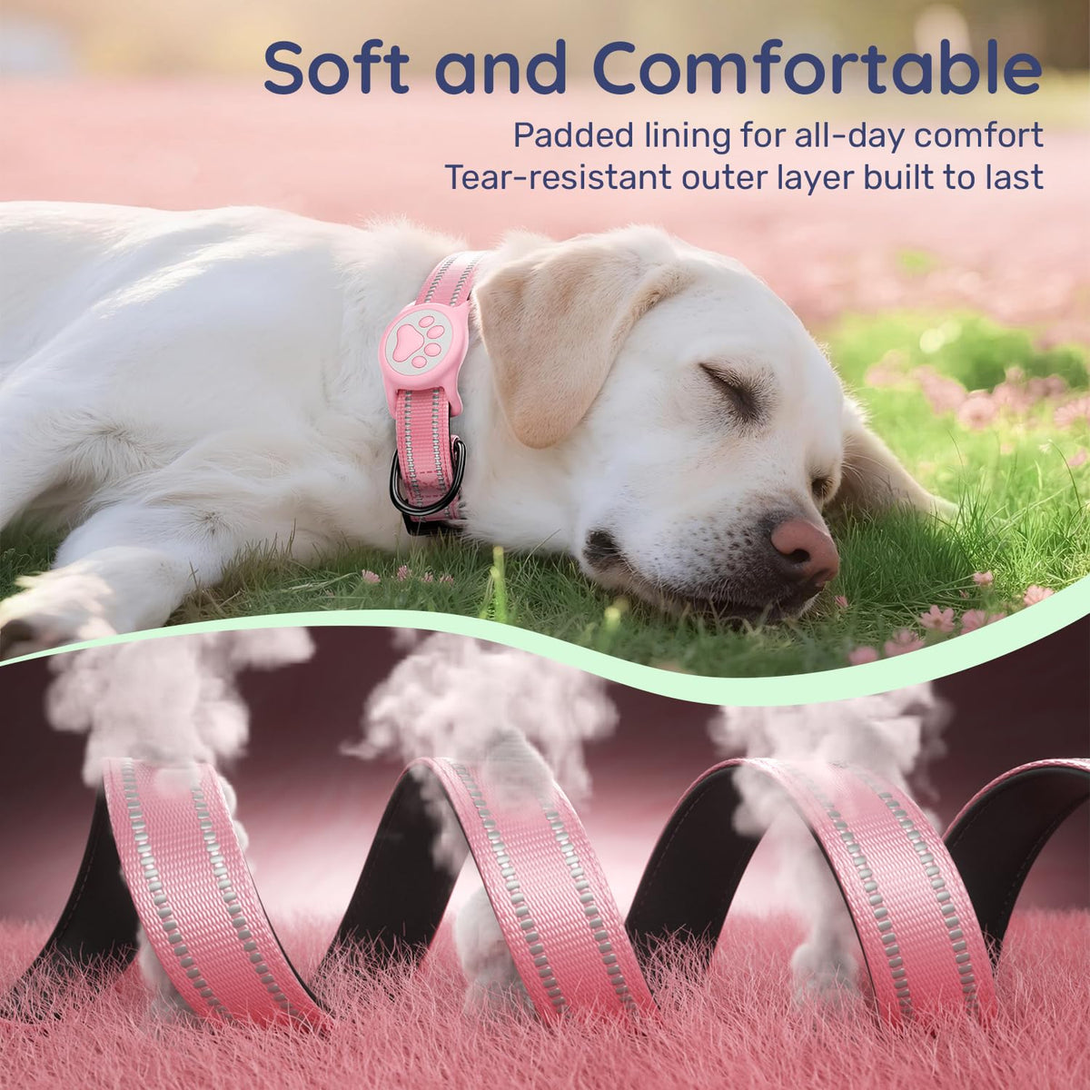 Premium Airtag Dog Collar，With IP68 Waterproof AirTag Holder,Pink,S