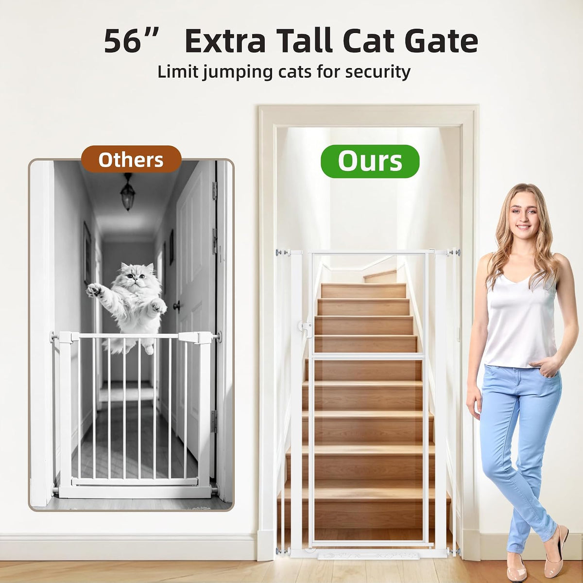 56” Extra Tall Cat Gate for Doorway, 29.5-33.46" Wide Clear Gate
