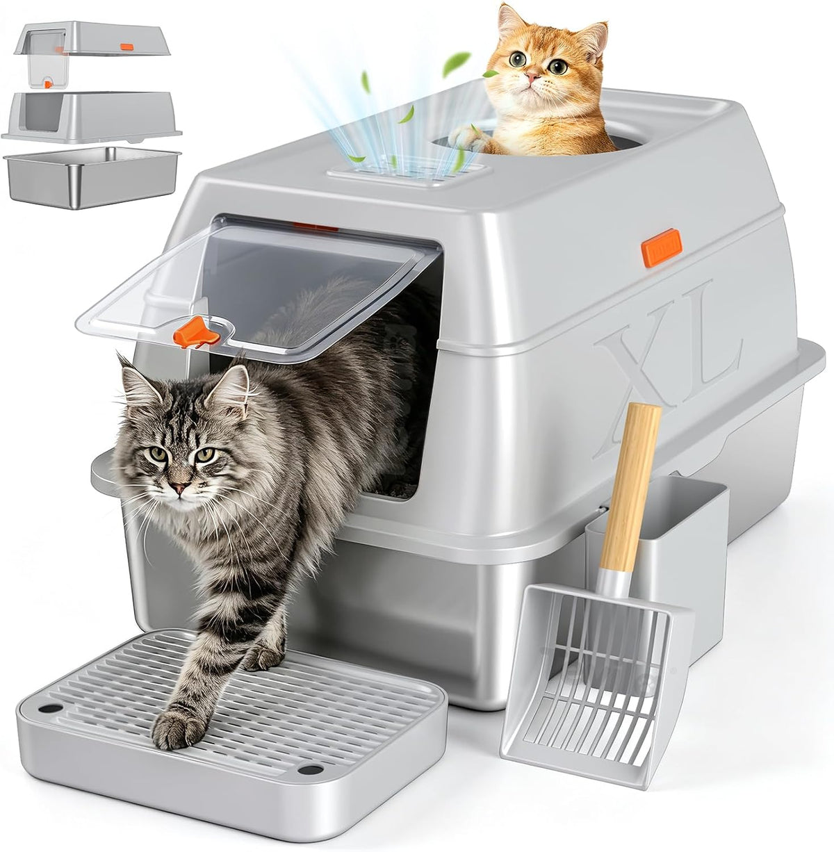 XL Enclosed Stainless Steel Litter Box with Lid, Light Gray