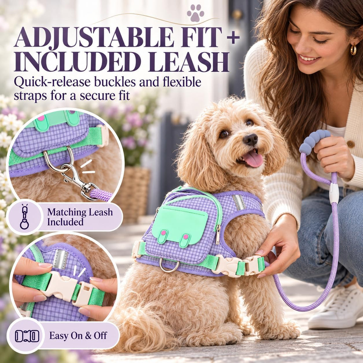 Reflective Waterproof Dog Harness Backpack with Leash, Adjustable Vest