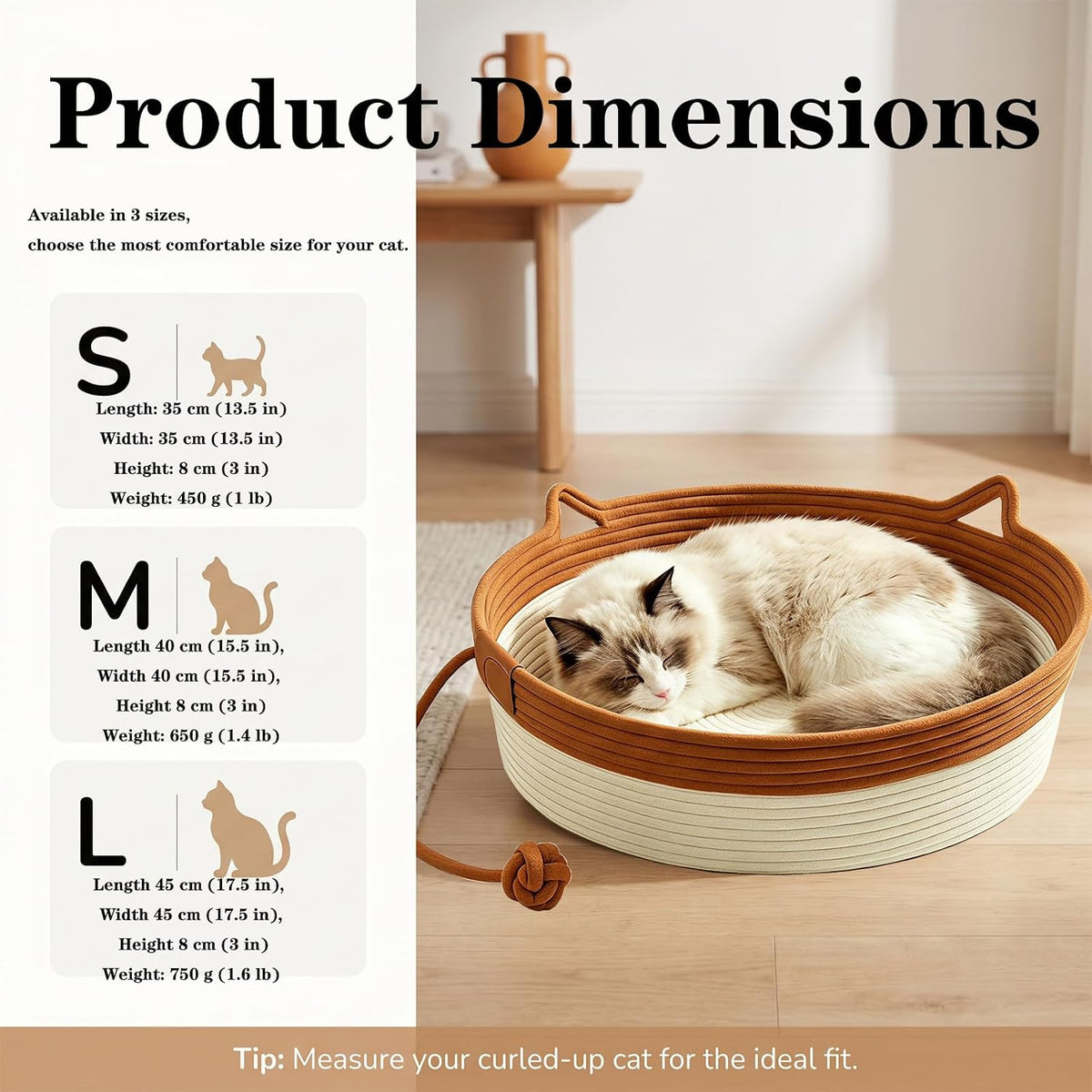 Hand-Woven cat Bed Basket with a Hanging Ball for Better Breathability (Caramel, Large)