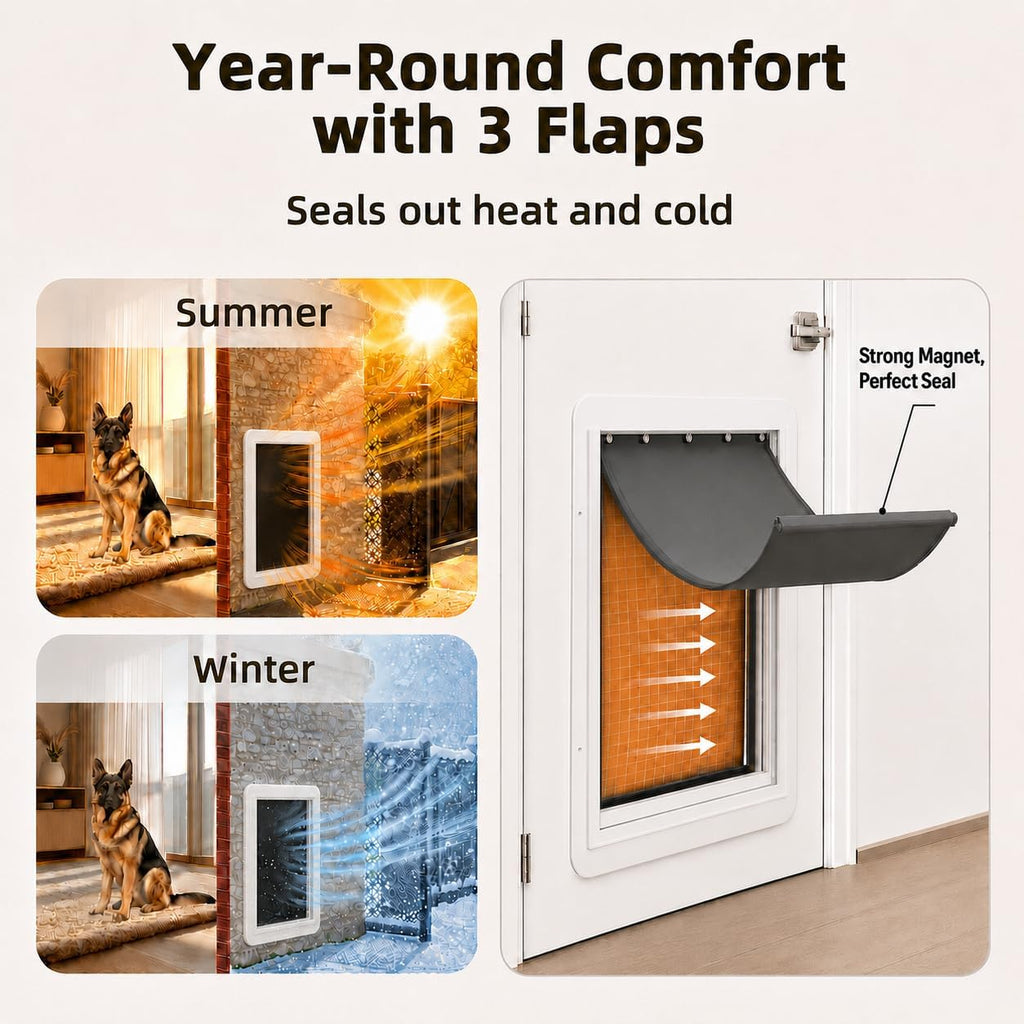 URSPET Medium Dog Door for Wall, 3-Flap Insulated, Steel Frame,White