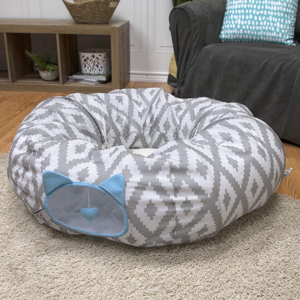 Kitty City Large Cat Tunnel Bed, 2-in-1 Zip-Together Cat Play Tunnel & Plush Nap Bed, Pop-Up Indoor Cat Toy with Hanging