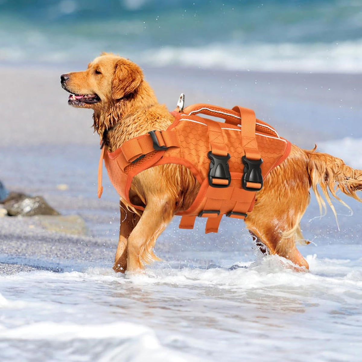Kuoser Dog Life Jacket, High Flotation Reflective Dog Life Vest, Orange, L