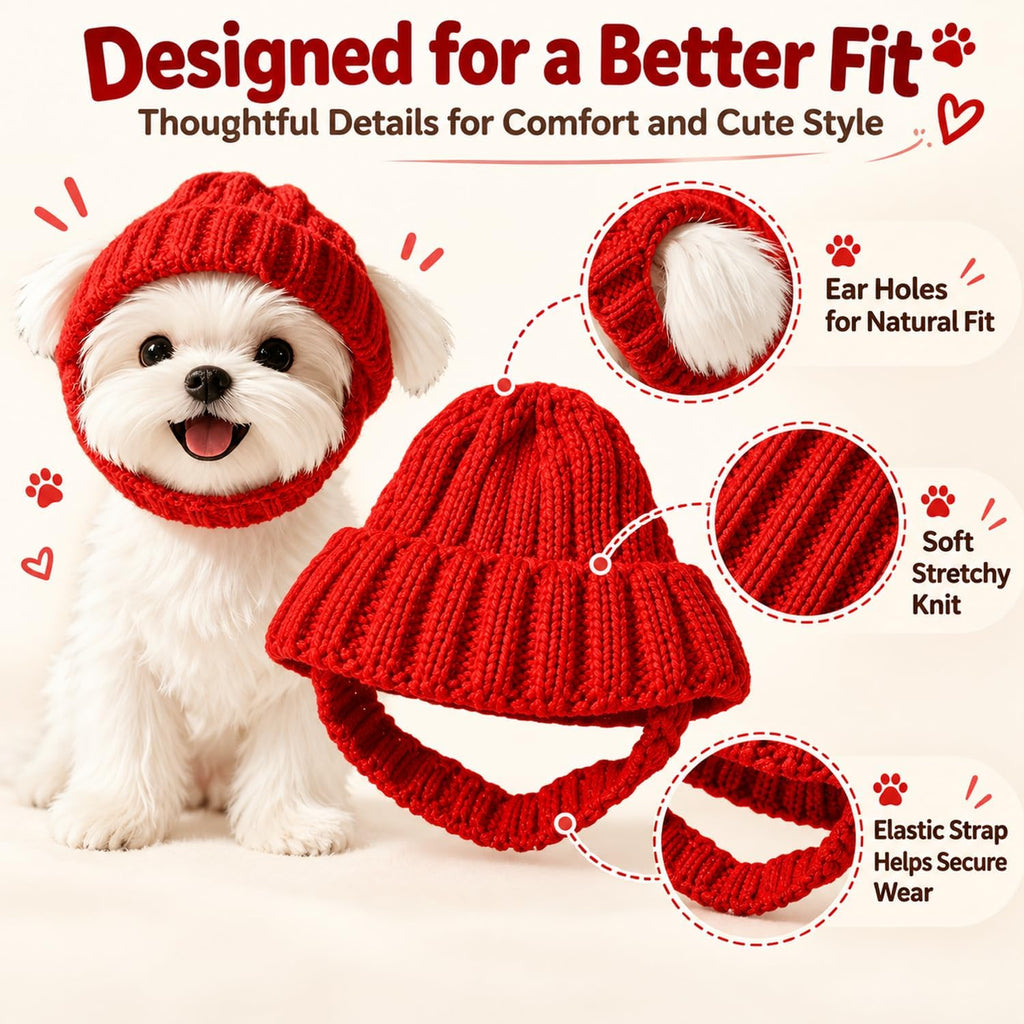 Dog Beanie Hat with Ear Holes, Purple Knitted Winter Cap for Small Pets