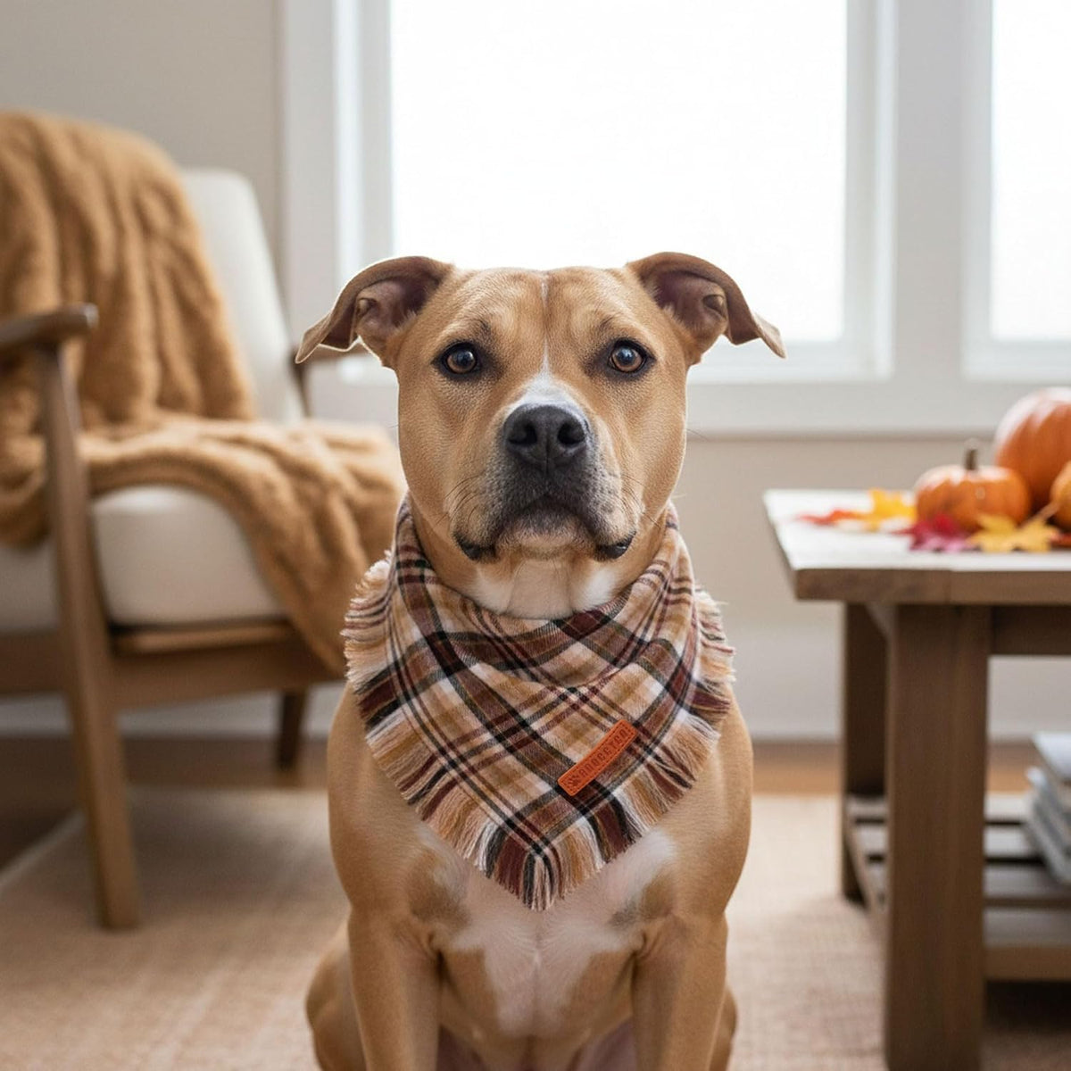 Brown Plaid Fall Dog Bandana, Fringed Thanksgiving Dog Scarf, L