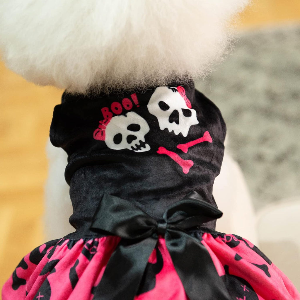 CuteBone Halloween Dog Dress Skulls Velvet for Small Dogs Girl Puppy Dresses Pink Dog Clothes