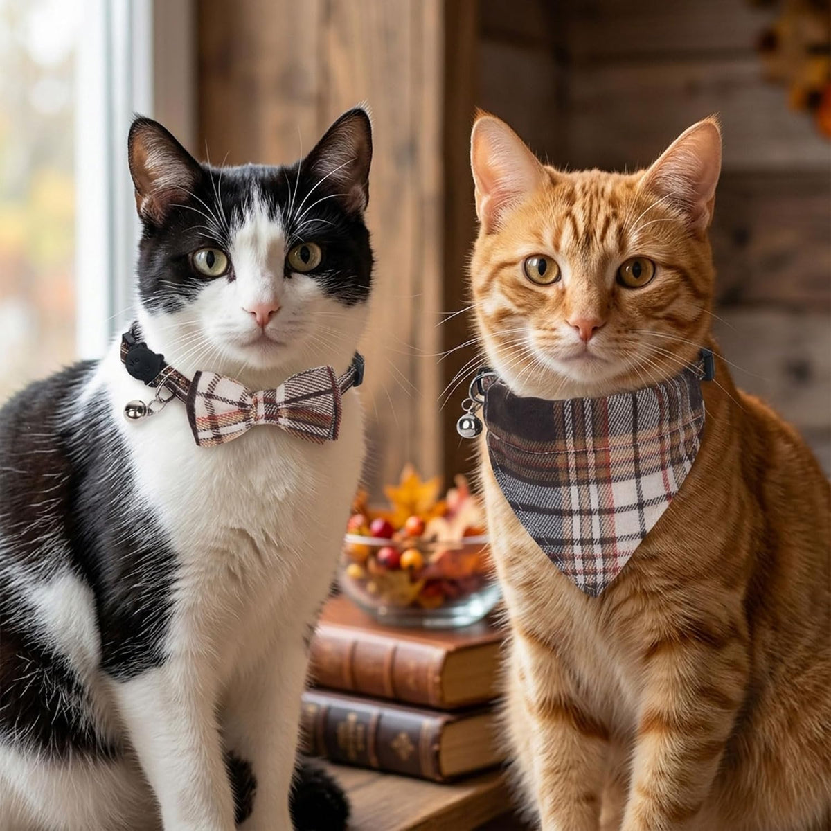 PTDECOR Fall Cat Collar with Bandana Bow, Thanksgiving Brown Plaid Collar