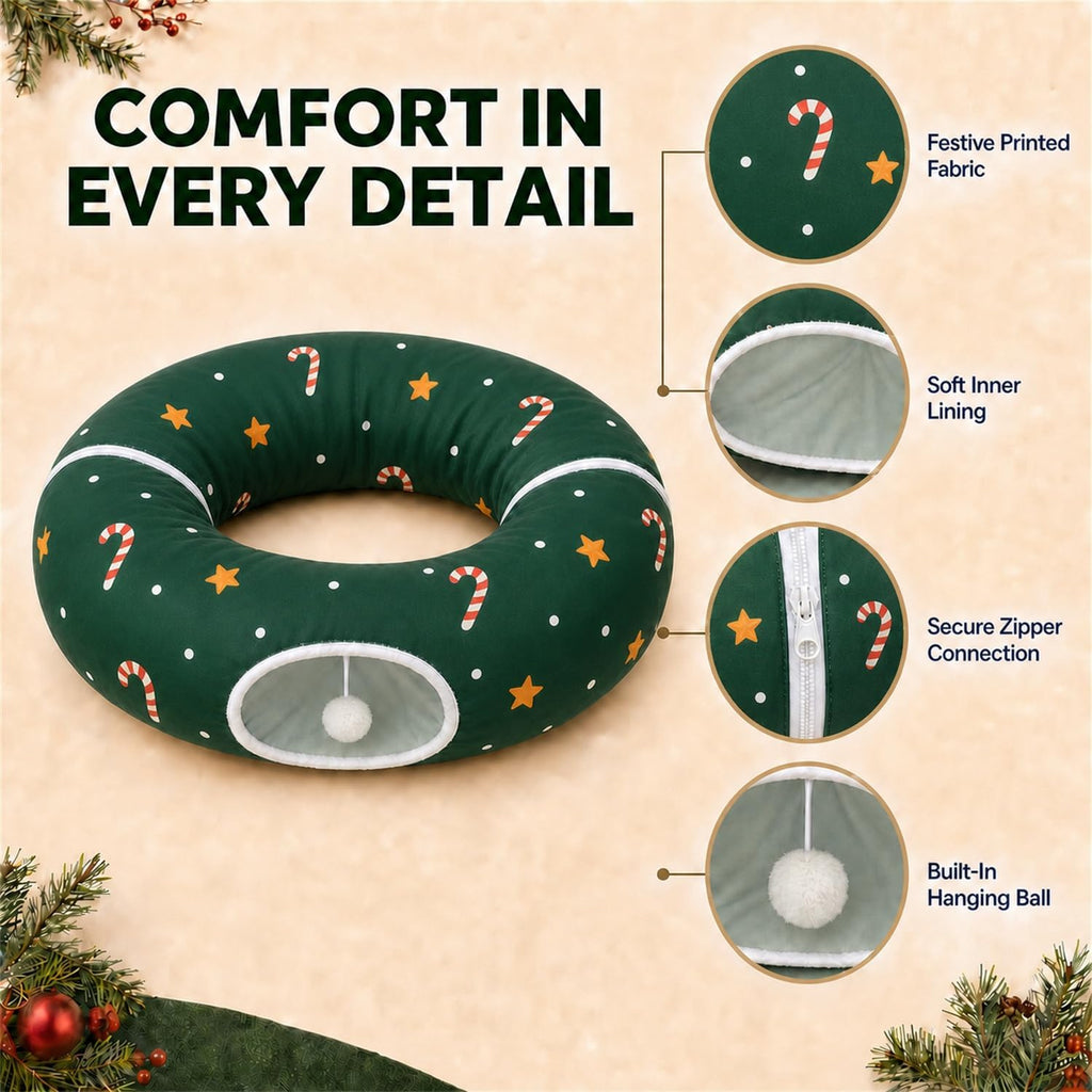 Cat Tunnel Under Tree in Christmas Style with Star, Crutches Candy, and Snowflakes Patterns - 3FT x 3FT x 9.8 INCH Size 