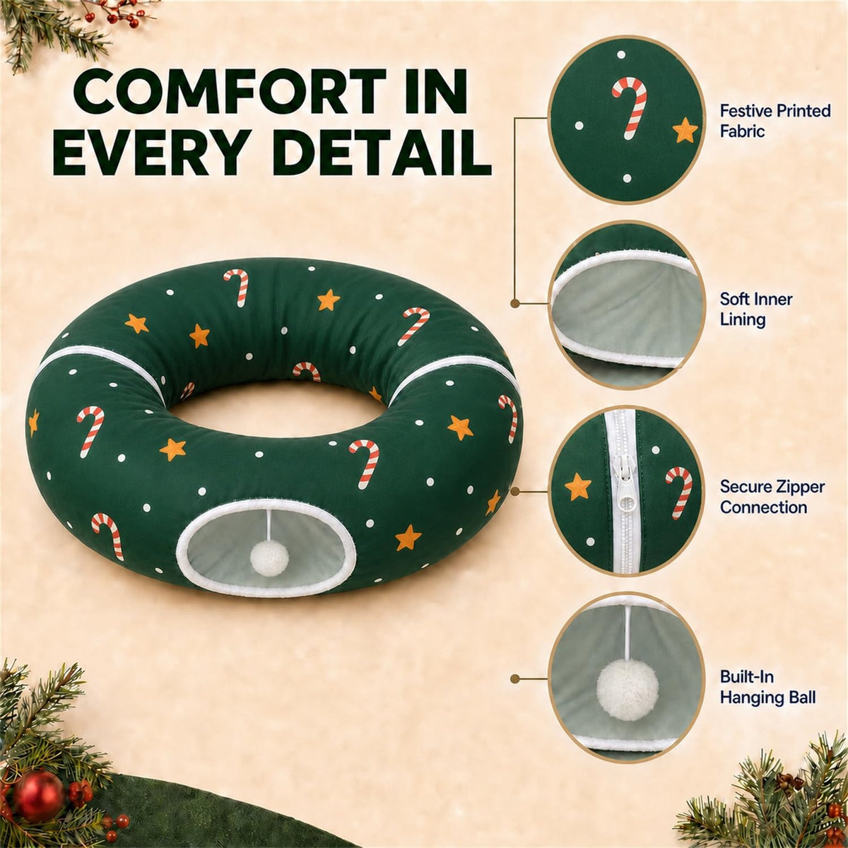 Cat Tunnel Under Tree in Christmas Style with Star, Crutches Candy, and Snowflakes Patterns - 3FT x 3FT x 9.8 INCH Size 