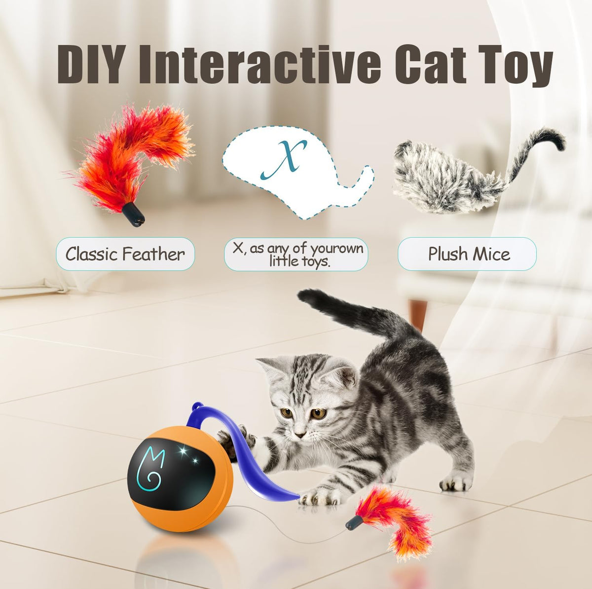 Migipaws Interactive Cat Ball Toy Set, Fun Tracker, Automatic Rolling Chase Ball with Fluffy Tail, A Small Mice, Recharg
