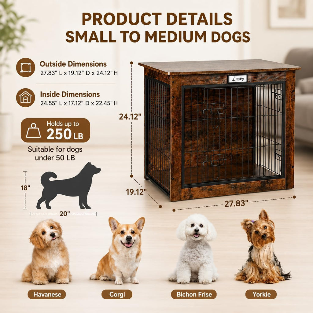 Dog Crate Furniture with Reversible Side Door, 28'' Heavy Duty Wooden Dog Kennel Indoor for Small Medium Dogs, Furniture
