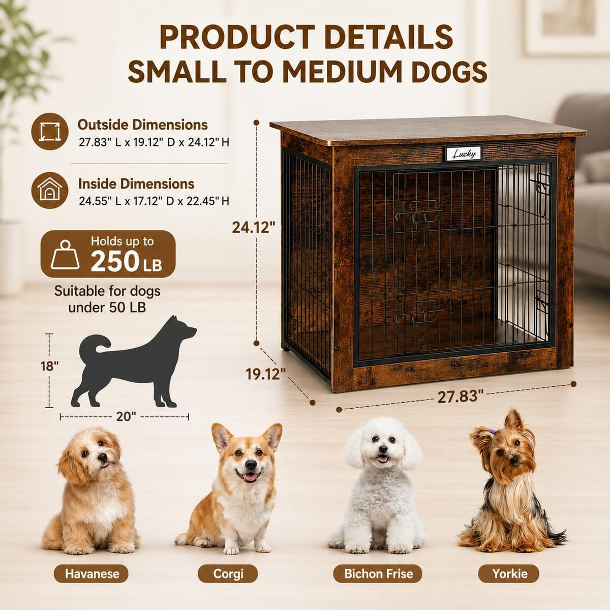 Dog Crate Furniture with Reversible Side Door, 28'' Heavy Duty Wooden Dog Kennel Indoor for Small Medium Dogs, Furniture