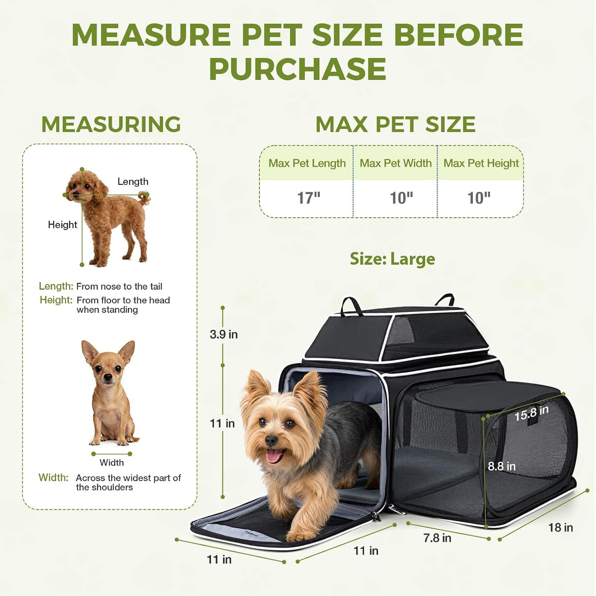 Lekereise Top and Side Expandable Pet Carrier 18x11x11Inch Delta American United Airline Approved Soft Sided Underseat T