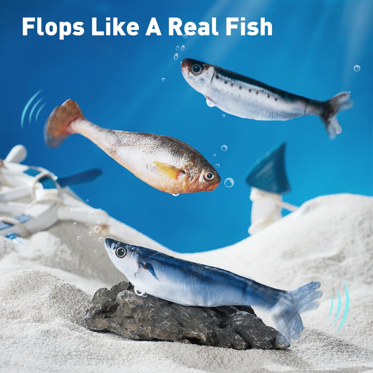Petgravity Bite-Sized Realistic Flopping Fish Cat Toys, 3 Pack, Interactive Cat Toys for All Breeds, Tap-Activated 3 Fla