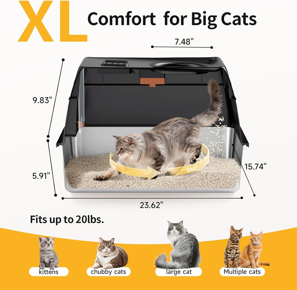 XL Enclosed Stainless Steel Litter Box with Lid & Mat,Black