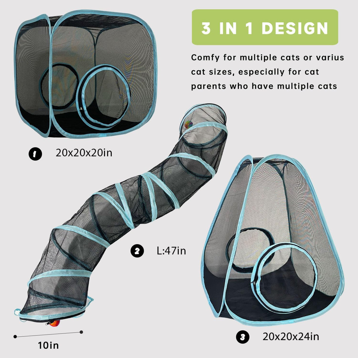Outdoor Cat Enclosures, Cat Tunnels Catio Tents Cubes for Indoor Cats with Play Ball, Collapsible Outside Playpen Tunnel