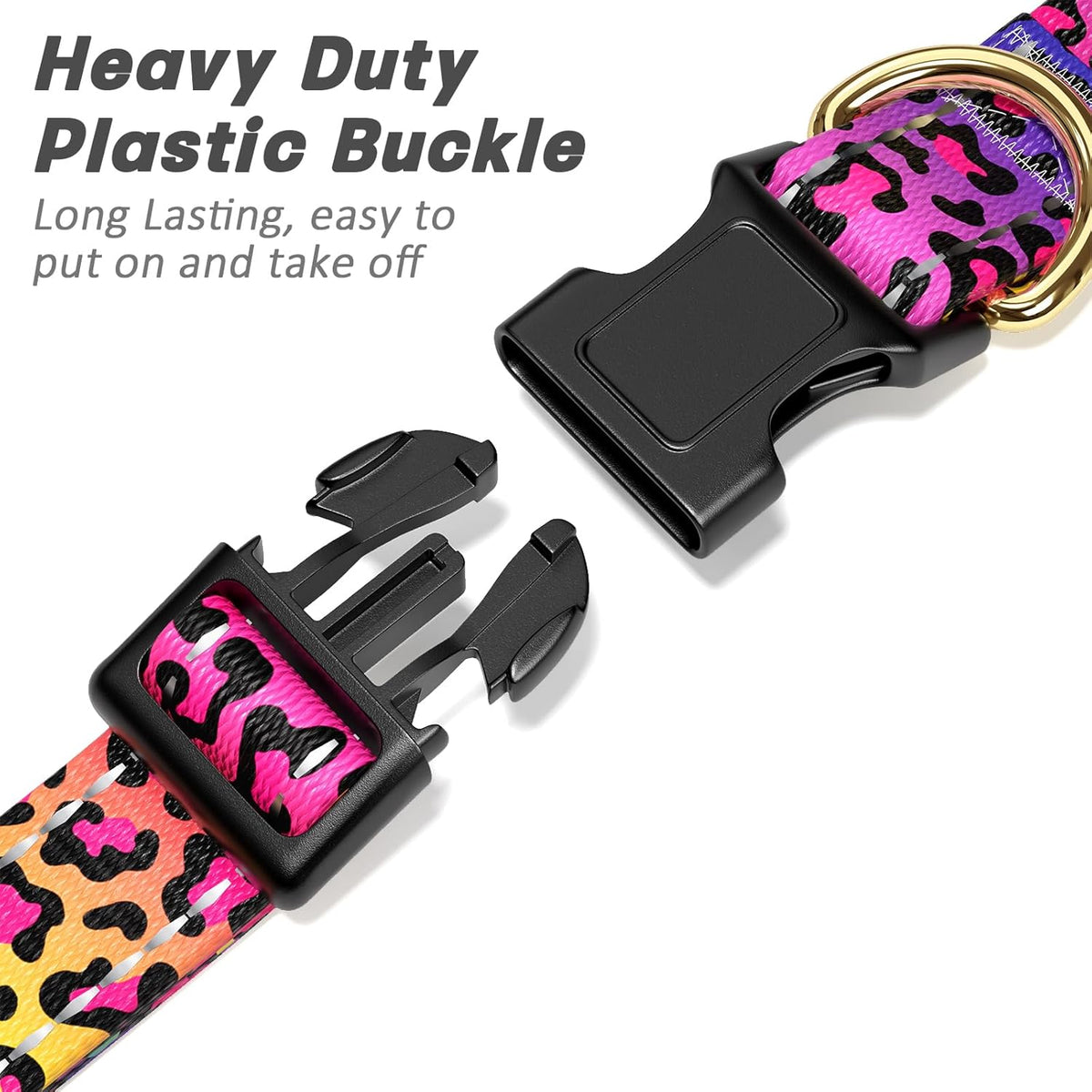 Reflective Adjustable Dog Collar for Medium Dogs, Leopard Neon, M