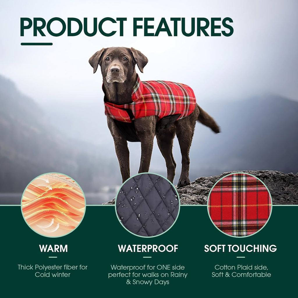 Kuoser Waterproof Dog Coat, Warm Reversible Dog Jacket with Leash Hole