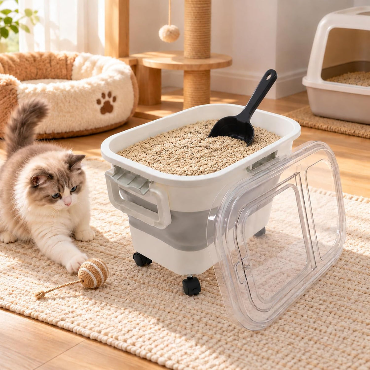 Collapsible Cat Litter Storage Container 30 Lbs with Rolling Casters,Pethiy