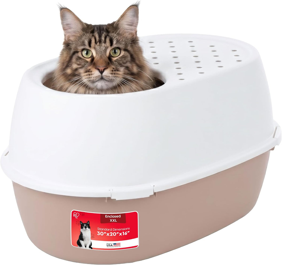 IRIS USA Top Entry Cat Litter Box, Hooded Privacy, Large, Beige/White