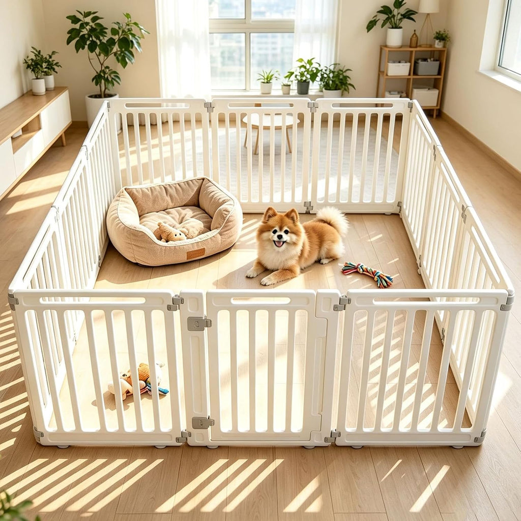 GIANTEX 12 Panel Dog Playpen, 32'' Plastic Pet Fence, Lockable Door, White