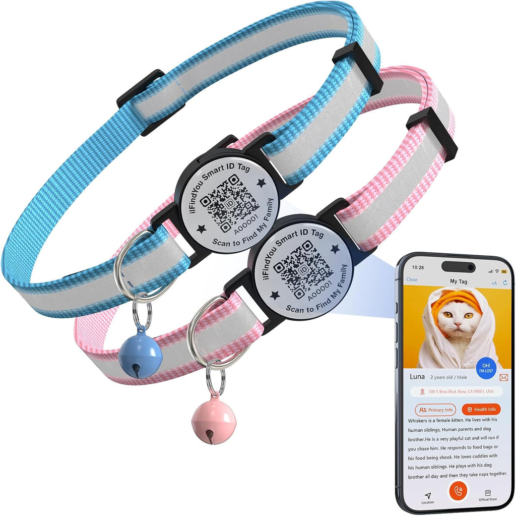 Cat Collar Breakaway QR Code, Reflective cat Collar with Bells, Pink