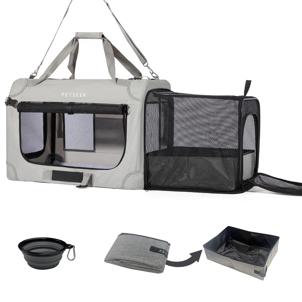 Petseek Extra Large Expandable Cat Carrier Soft Sided for Car, Portable Small Dog Carrier for 2 Cats, 24"x16.5"x16" Road Travel Folding Comfortable Design with Litter Box and Bowl