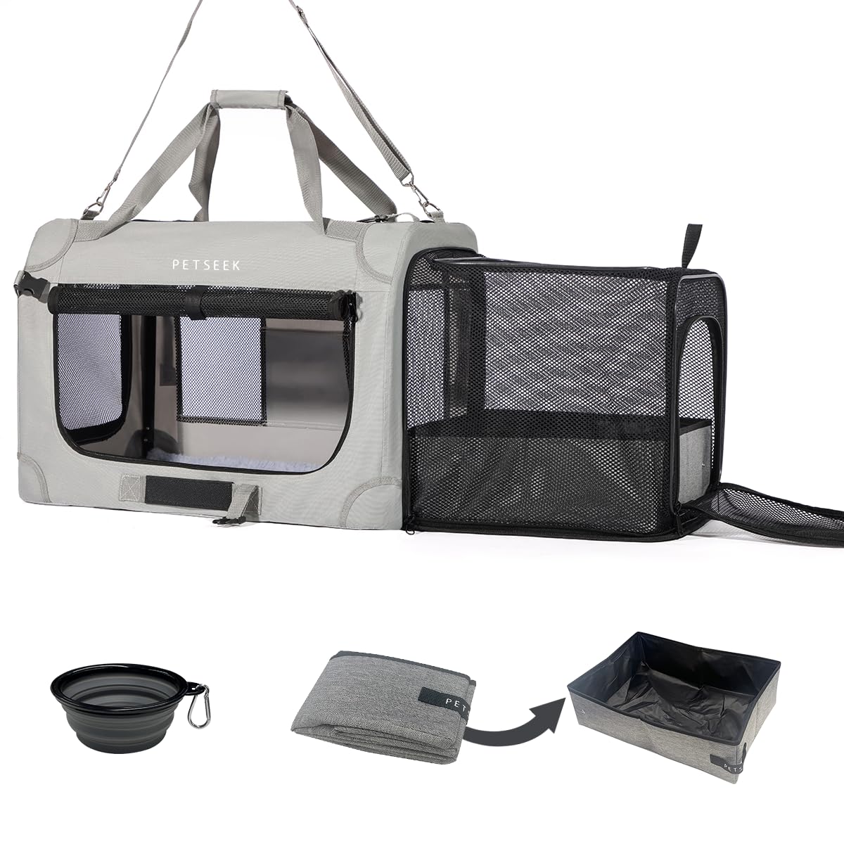 Petseek Extra Large Expandable Cat Carrier Soft Sided for Car, Portable Small Dog Carrier for 2 Cats, 24"x16.5"x16" Road Travel Folding Comfortable Design with Litter Box and Bowl