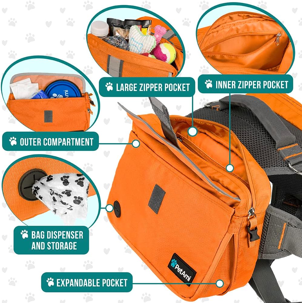 PetAmi Dog Backpack for Medium Large Dogs, Saddle Bag (Orange, Large)