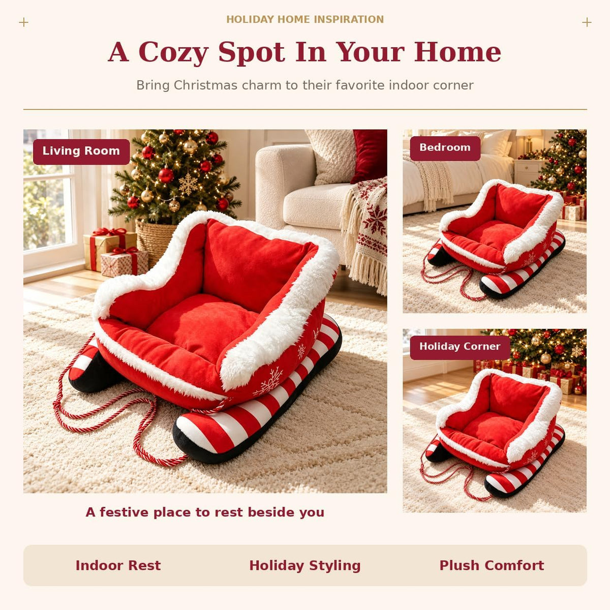 Christmas Dog Bed, Plush Santa Sleigh Sofa for Cats