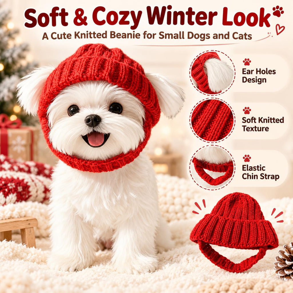 Dog Beanie Hat with Ear Holes, Purple Knitted Winter Cap for Small Pets