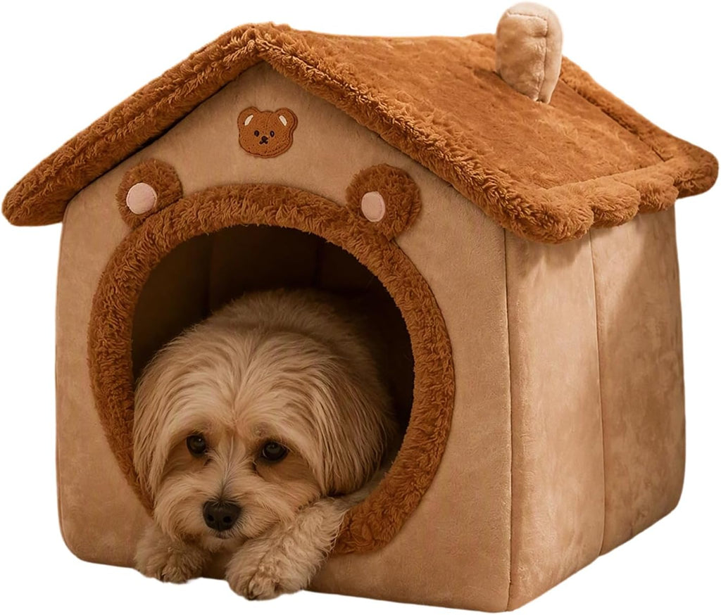 Cute Bear‑Shape Enclosed Pet Cave Bed, Soft Plush Tent House with Cushion