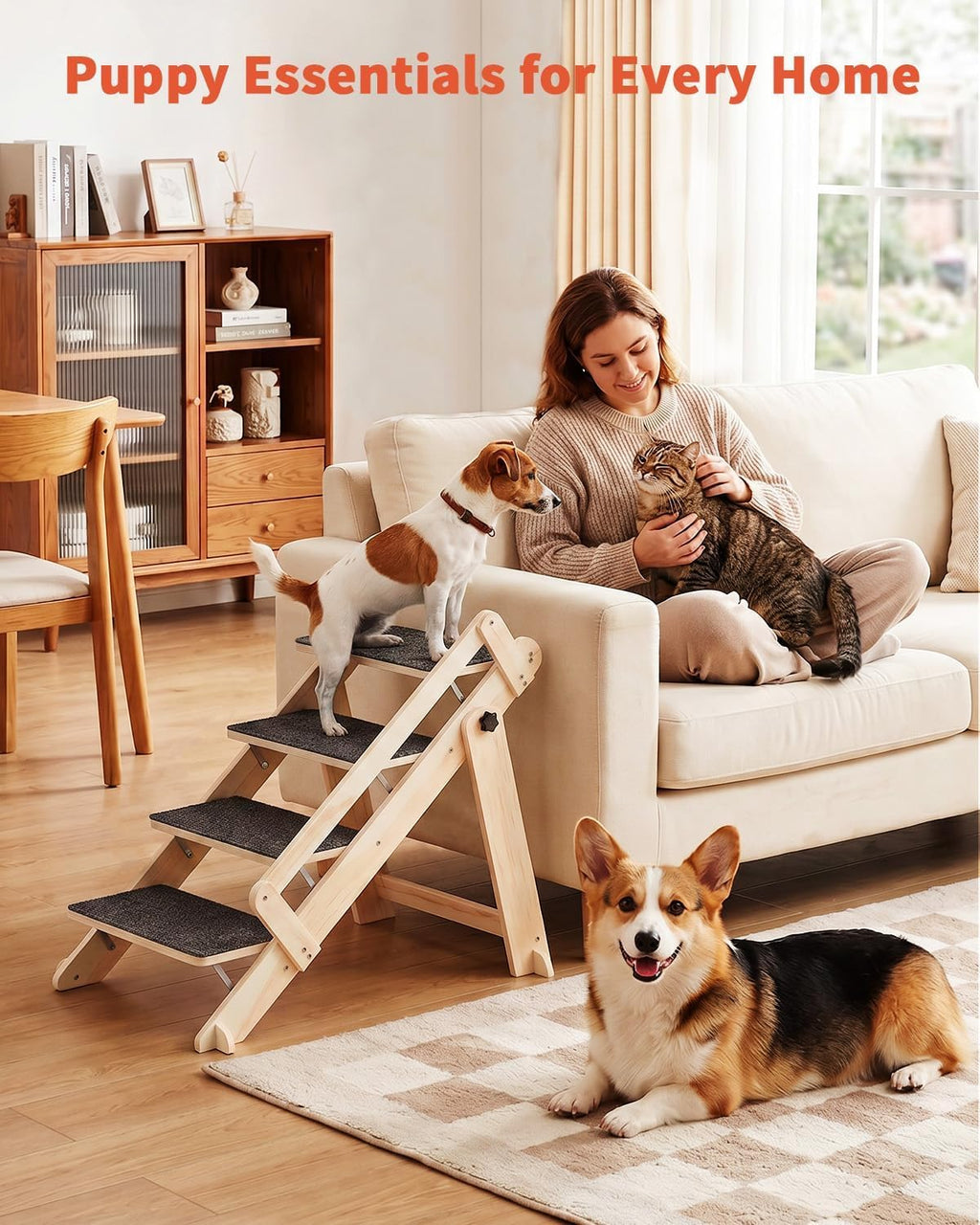 Woodure Foldable Dog Stairs, Convertible 4-Step Wooden Dog Ramp, Cat Step for High Bed Couch Car, Anti Slip Puppy Ladder