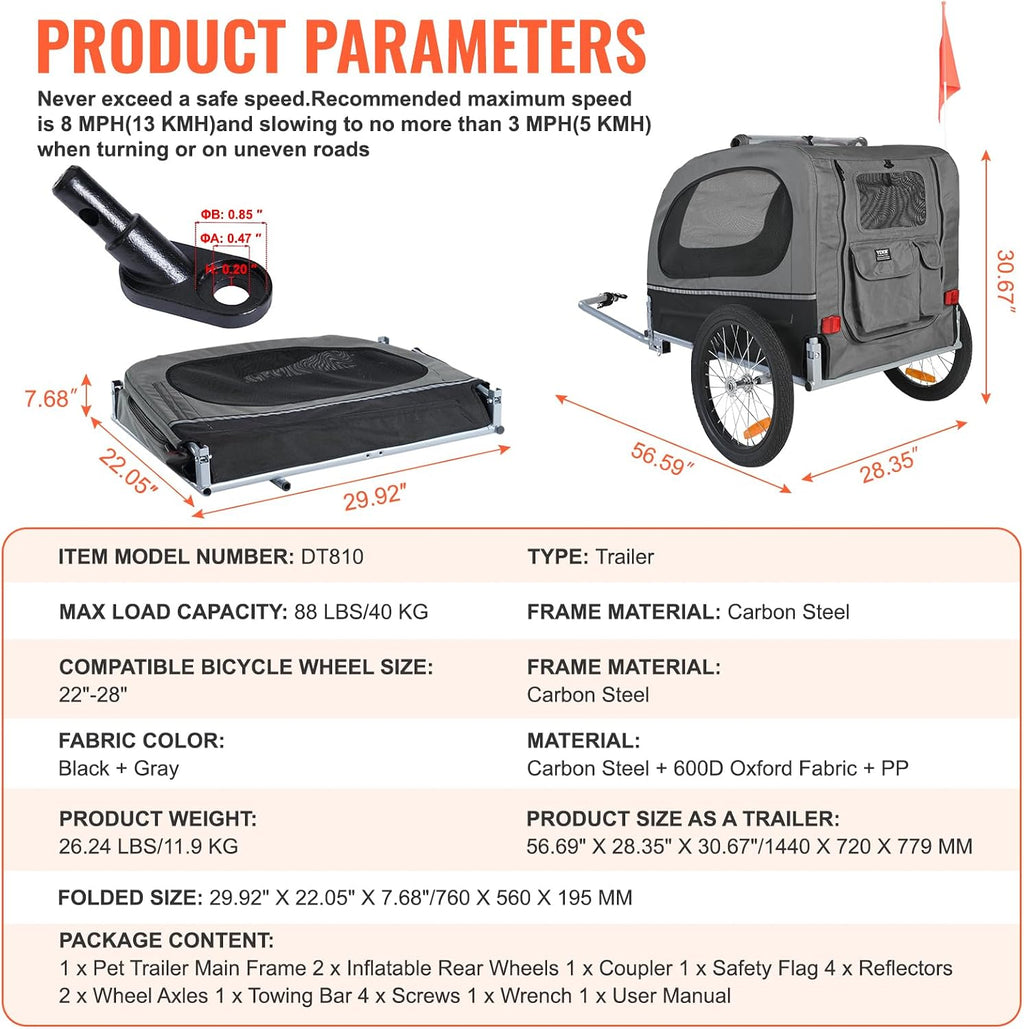 VEVOR Dog Bike Trailer, Supports up to 88 lbs, Pet Cart Bicycle Carrier, Easy Folding Frame with Quick Release Wheels, U