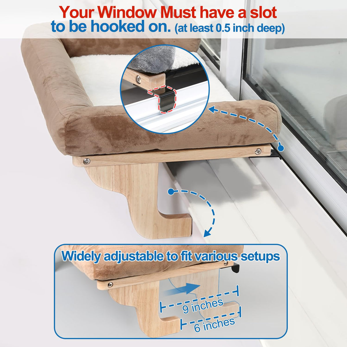 Zakkart Cat Perch for Windowsill with Bolsters (Natural Wood/Gray, L)