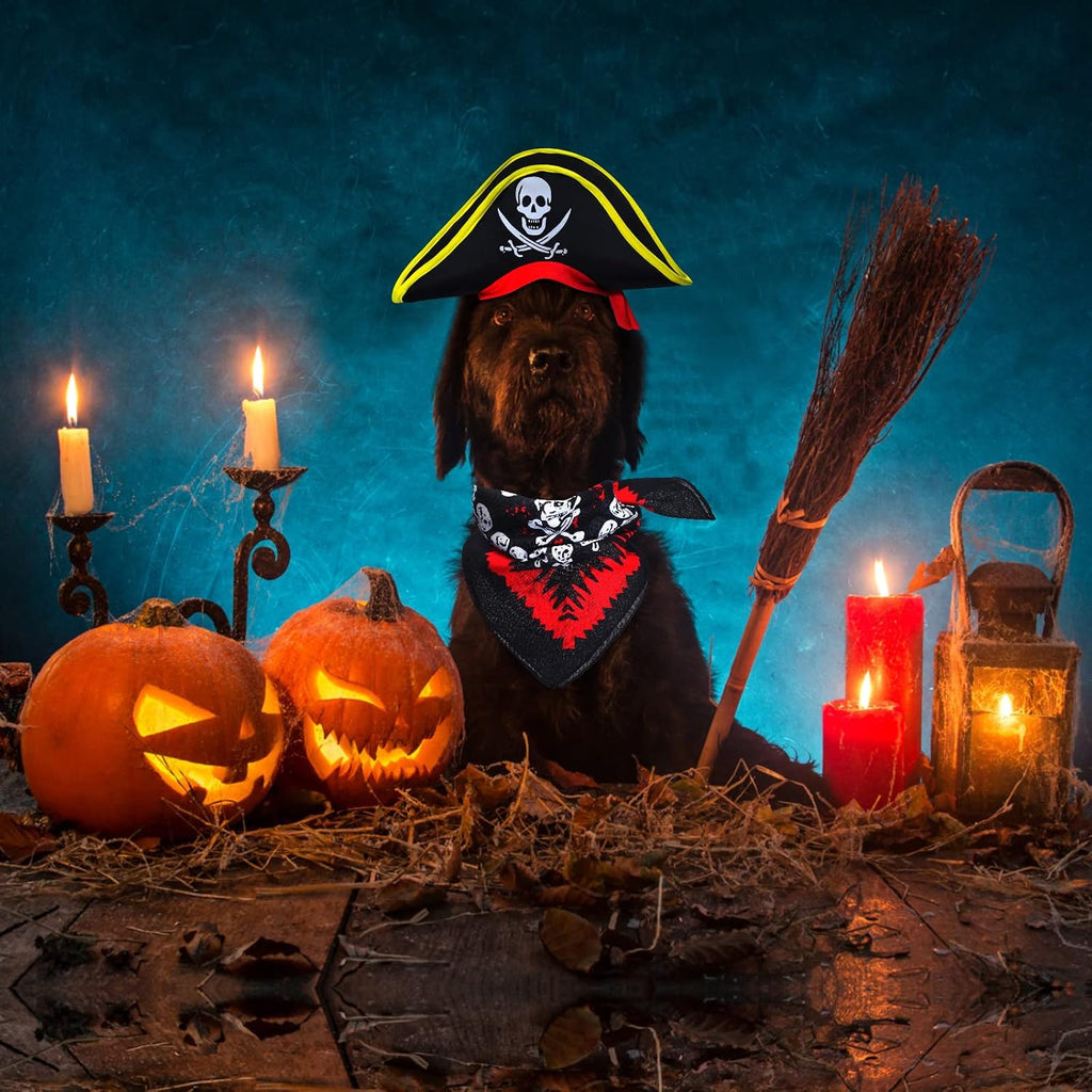 2 Pieces Skull Print Pet Pirate Hat with Pirate Skull Bandana Dog Cat Captain Cap Halloween Pirate Cosplay Costume Hallo