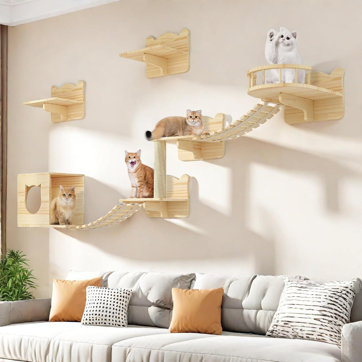 Cat Wall Shelves, 9-in-1 Wood Cat Wall Furniture Set, Burlywood