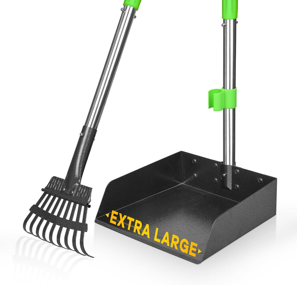 Pooper Scooper, Dog Pooper Scooper Long Handle Stainless Metal Tray and Rake for Medium Small Dogs Heavy Duty Pet Suppli