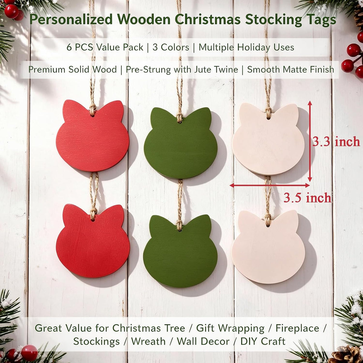 6pcs Christmas Stocking Name Tags for Pets, Cats, Dogs - Cat Head Shape