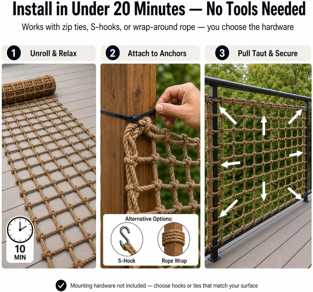 Balcony Safety Net 3x13FT, 0.4in Jute Climbing Rope Mesh for Stairs