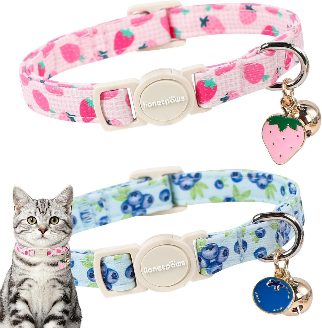 LIONET PAWS 2 Pack Breakaway Cat Collars, Cute Soft Cotton Plaid Gingham & Blue Stripe Kitten Collars with Bell for Boy 