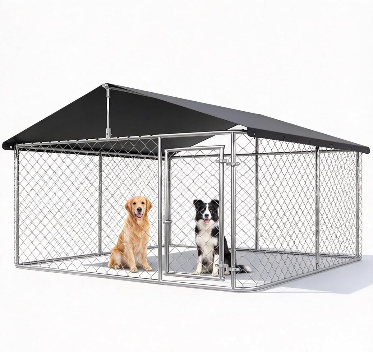 Petony Large Outdoor Dog Enclosure,Heavy Duty Dog Kennel with Roof,Galvanized Steel Dog Cage Fence with Double Safety Lo