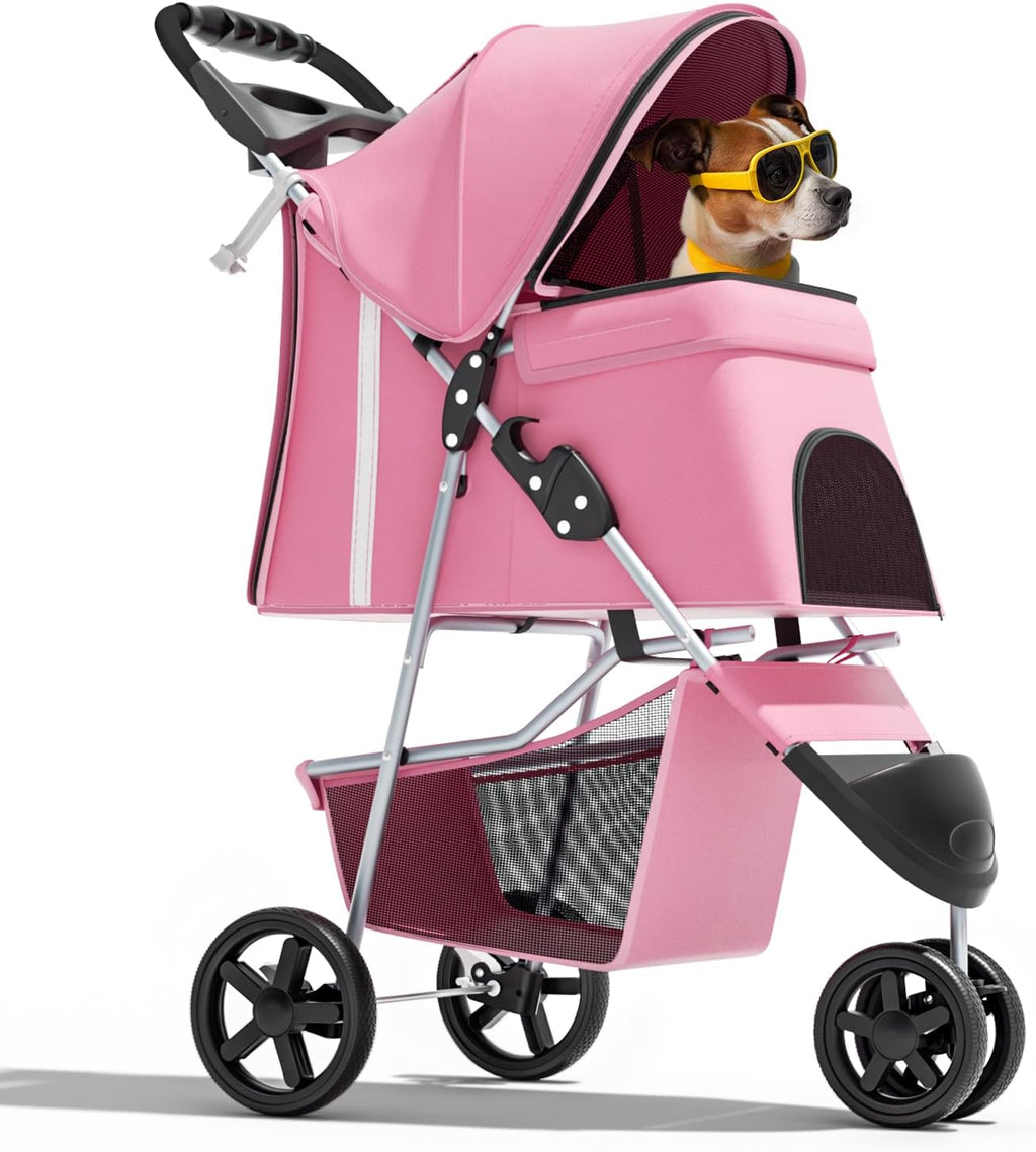 Magshion 3-Wheel Pet Stroller for Small/Medium Dog Cat, Up to 33lbs, Pink