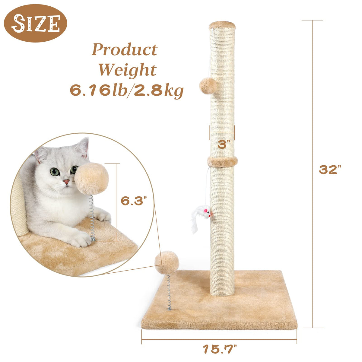 ANWA 32" Tall Sisal Cat Scratching Posts Tree for Indoor Cats Adults, Beige