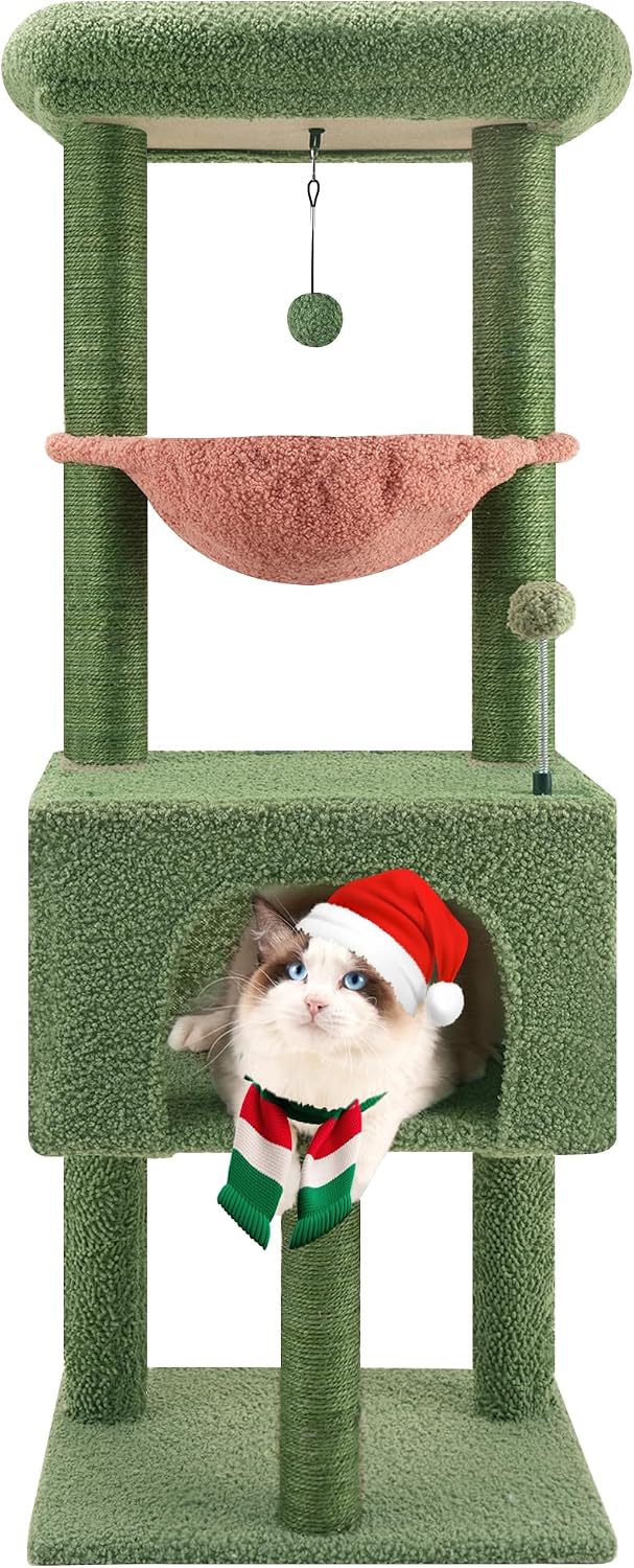 32" Cat Tree for Indoor Cats, 2-in-1 Cat House with Sisal Scratching Post & Ramp, 2-Level Cat Tower with Rotatable Feath